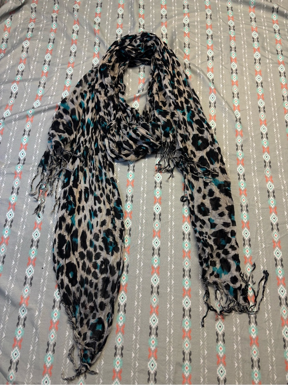 🌀Leopard Print Fringe Scarf - Black, Gray & Teal